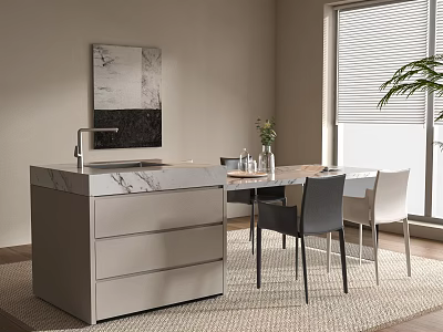 Modern Dining Table With Marble Counter Island Gray Cabinet Chairs By Window Painting And Plant 3d model