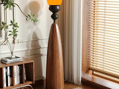 Wooden Floor Lamp With Orange Shade In Living Room Near Bookshelf And Green Plant 3d model