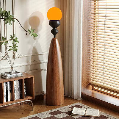 Wooden Floor Lamp With Orange Shade In Living Room Near Bookshelf And Green Plant 3d model