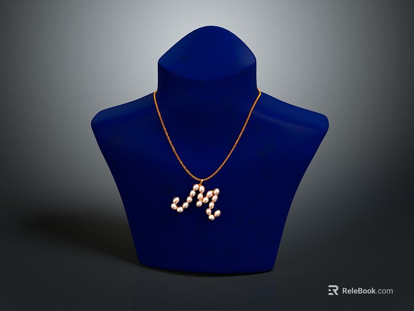 Elegant Pearl Letter M Pendant Necklace with Delicate Design Displayed On Blue Mannequin 3d model 