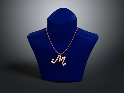 Elegant Pearl Letter M Pendant Necklace with Delicate Design Displayed On Blue Mannequin 3d model