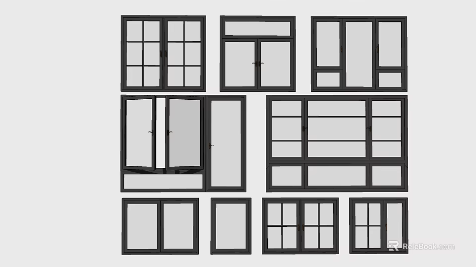 Various Modern Window Designs With Different Frame Styles And Glass Panels 3d model
