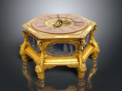 Antique Gold Octagonal Mantel Clock With Elaborate Carved Base And Transparent Glass Panels 3d model