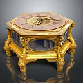 Antique Gold Octagonal Mantel Clock With Elaborate Carved Base And Transparent Glass Panels
