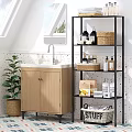 Wooden Bathroom Cabinet with White Countertop Black Metal Shelving Storage Baskets Toiletries and Potted Plant