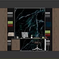 Modern Home Office Interior With Marble Texture Wall Wooden Cabinets And Black Desk