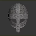 Medieval Metal Helmet With Ornate Riveted Design Intricate Patterns And Face Guard