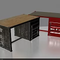 Vintage Wooden Office Desk With Rustic Texture And Red Drawer Storage Design