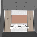 Modern Public Restroom Interior With Marble Sink Counter Wooden Doors Large Mirror And Recessed Lighting