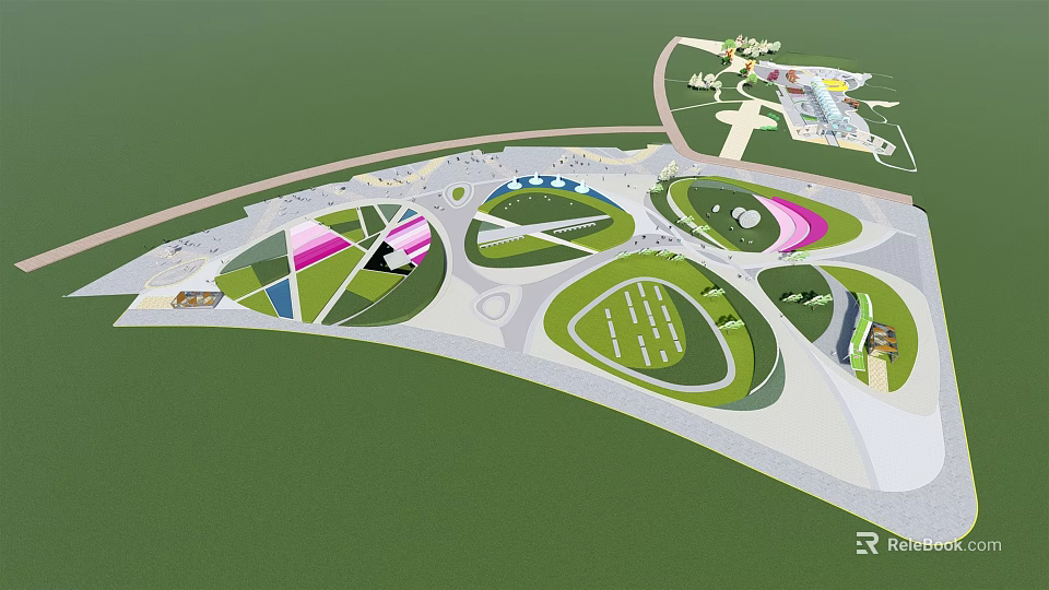 Park Landscape Design Featuring Geometric Green Spaces Pathways And Open Areas 3d model