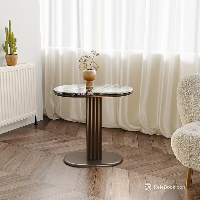 Round Marble Top Side Table With Fluted Metal Base And Dried Flowers Near Fluffy Chair 3d model 