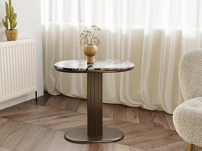 Round Marble Top Side Table With Fluted Metal Base And Dried Flowers Near Fluffy Chair 3d model