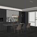 Modern Dining Room Interior With Dark Cabinets Marble Table Chairs Pendant Lights And Window Blinds