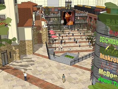 Vibrant Commercial Street Featuring Red Roof Buildings Pedestrians Various Shops And Outdoor Space 3d model