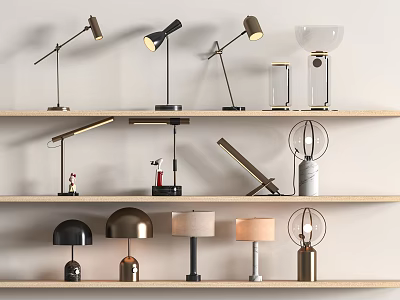 Various Modern Table Lamps Displayed On Wooden Shelves With Different Designs 3d model