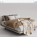 Minimalist Double Bed With Upholstered Frame Brown Comforter Patterned Blanket And Pillows 3d model