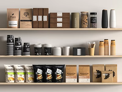 Assorted Food Products on Wooden Shelves With Various Packaging Boxes Cans and Bags 3d model