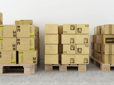 Cardboard Boxes Stacked On Wooden Pallets With Labels And Logos In Warehouse Storage 3d model