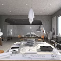 Modern Public Office Space With Blueprints On Desk Statues Desk Lamp And Plants By Window