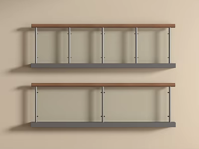 Two Parallel Railings Featuring Wooden Handrail Glass Panels Metal Brackets on Light Colored Wall 3d model