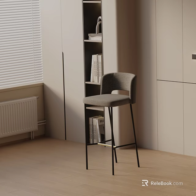 Modern Gray Fabric Bar Stool With Black Metal Legs Next To Bookshelf In Modern Interior 3d model 