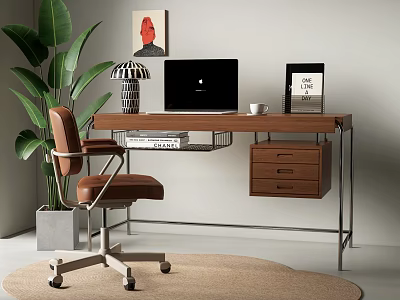 Stylish Wooden Desk Setup With Laptop Lamp Books Coffee Cup And Green Plant 3d model