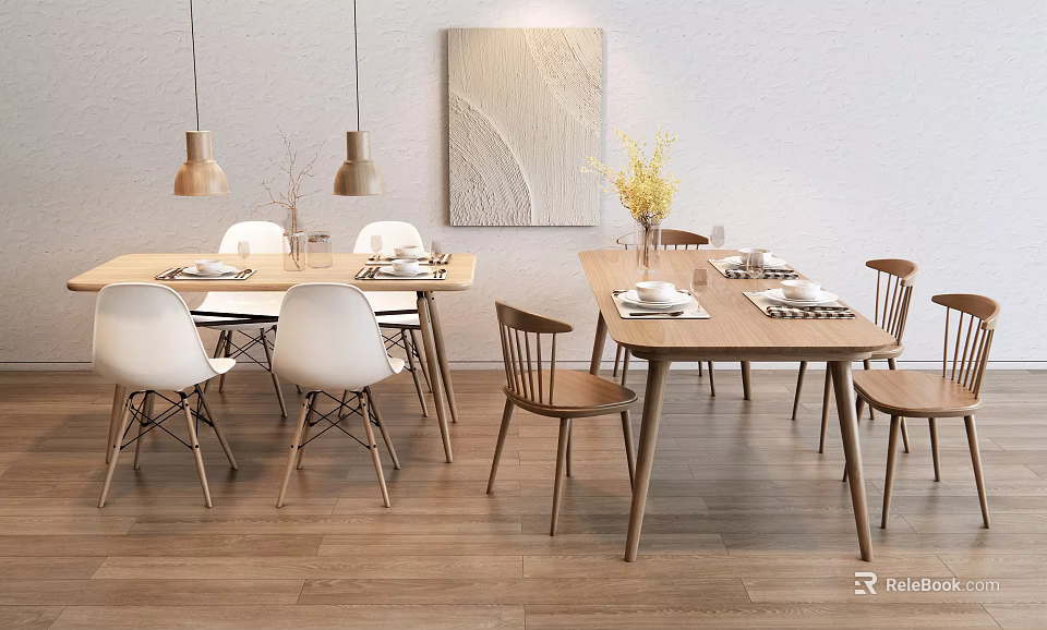 Dining Table Set With Two Tables Different Chairs Pendant Lights Wall Art And Tableware 3d model 