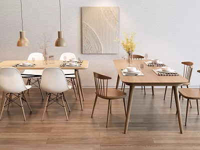 Dining Table Set With Two Tables Different Chairs Pendant Lights Wall Art And Tableware 3d model