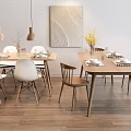 Dining Table Set With Two Tables Different Chairs Pendant Lights Wall Art And Tableware