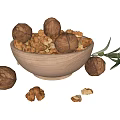 Fresh Walnuts In Wooden Bowl With Shelled Kernels And Olive Branch