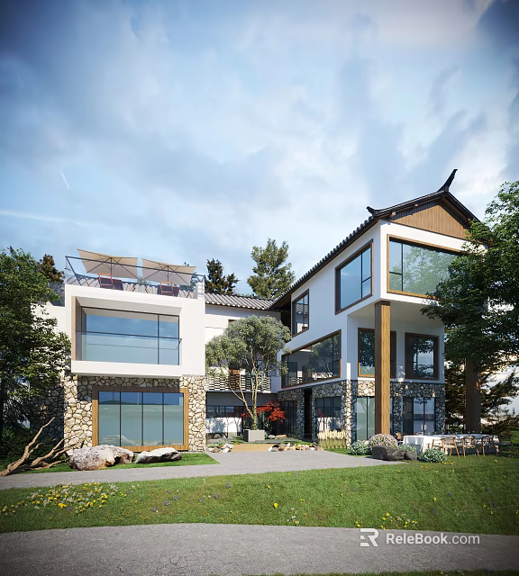 Modern Detached Villa With Large Windows Stone Walls And Garden 3d model 