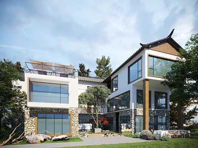 Modern Detached Villa With Large Windows Stone Walls And Garden 3d model