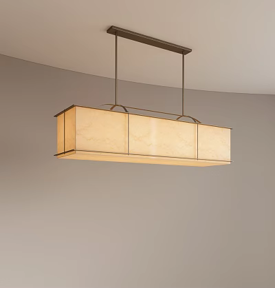 Modern Minimalist Rectangular Chandelier With Three Beige Panels And Metal Frame Hung Under Gray Ceiling 3d model