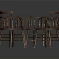 Four Vintage Wooden Chairs With Armrests Vertical Slat Back And Woven Seat