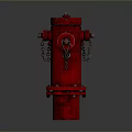 Red Fire Hydrant On Building Exterior With Chain And Bolt Details