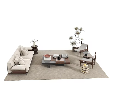 Light Beige Sofa Coffee Table Combination With Pine Tree Decor Accent Chairs And Area Rug 3d model