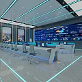 Modern High Tech Control Room Interior With Large Screens Data Charts And Control Desks 3d model