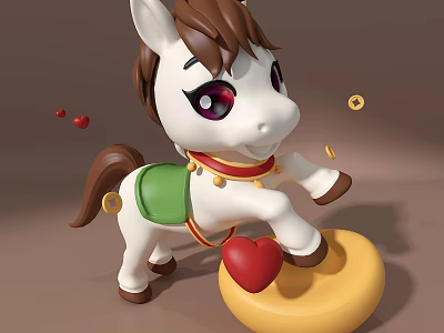 Cute Horse Decorative Figurine Set With Green Saddle Red Heart And Gold Accents 3d model