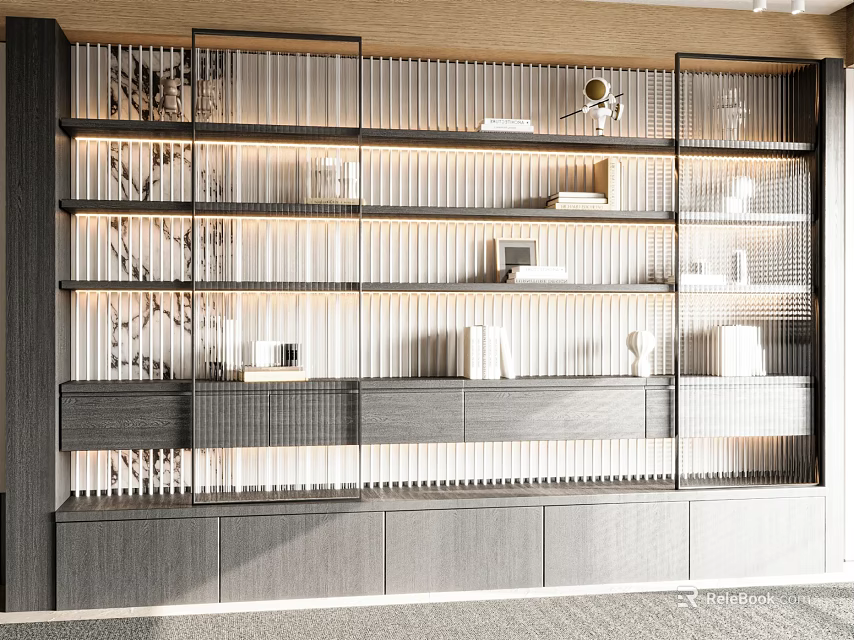 Modern Room Divider With Wooden Frame Glass Panels Layered Shelves Lighting And Storage Cabinets 3d model 