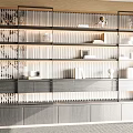 Modern Room Divider With Wooden Frame Glass Panels Layered Shelves Lighting And Storage Cabinets