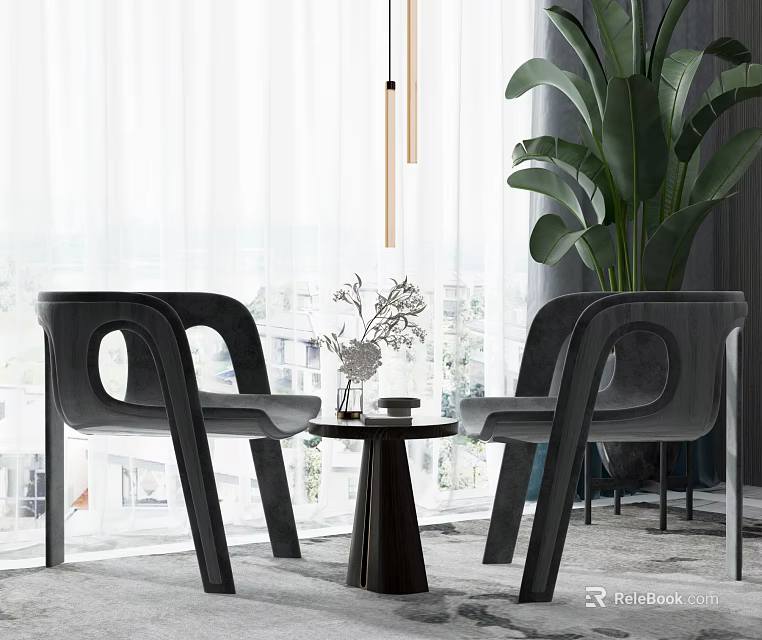 Modern Table and Chair Set with Vase Plants and Large Green Plant Near Window 3d model 