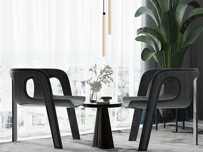 Modern Table and Chair Set with Vase Plants and Large Green Plant Near Window 3d model