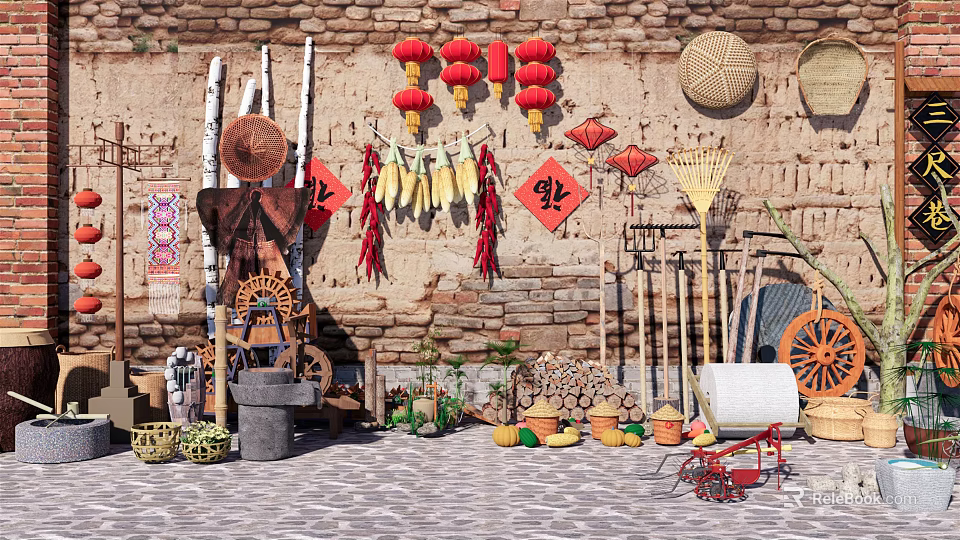 Traditional Garden Decor Featuring Stone Wall Red Lanterns Dried Corn Chilies Straw Hats Farm Tools 3d model 