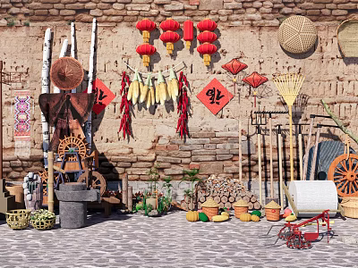 Traditional Garden Decor Featuring Stone Wall Red Lanterns Dried Corn Chilies Straw Hats Farm Tools 3d model
