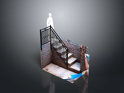 Brick Wall Staircase With Black Metal Railings White Steps And Standing Figure 3d model