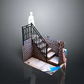 Brick Wall Staircase With Black Metal Railings White Steps And Standing Figure