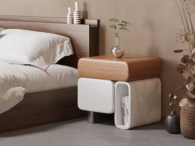 Modern Wooden Top White Base Bedside Table With Small Plant In Vase And Bedroom Decor 3d model