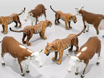 Plastic Toy Animal Figures Featuring Tigers And Cows On White Display Surface 3d model