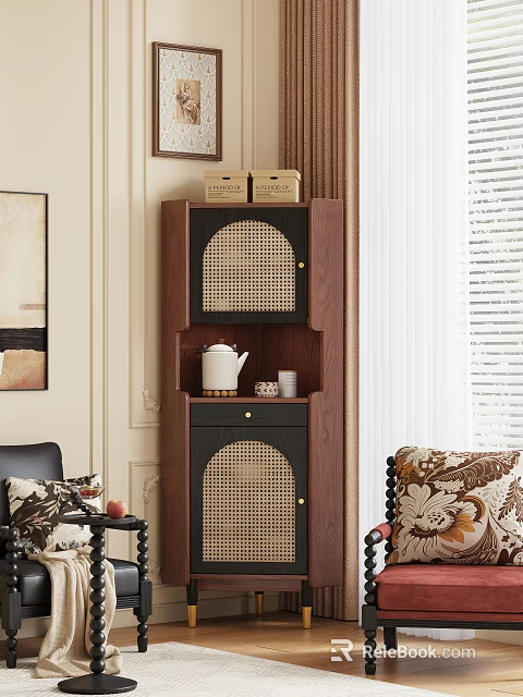 Modern Walnut Sideboard With Woven Doors Storage Boxes Teapot And Cups 3d model 