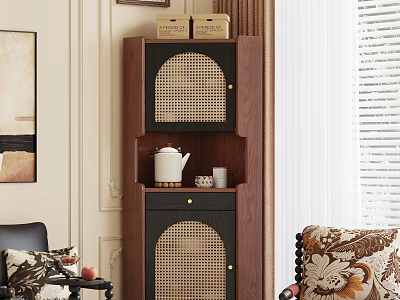 Modern Walnut Sideboard With Woven Doors Storage Boxes Teapot And Cups 3d model